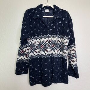 VTG Tapemeasure Womens Fleece Cardigan M Navy Fair Isle Snowflake Gorpcore
